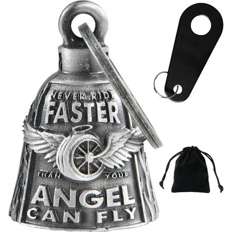 Clochette Moto Anti Gremlins avec Attache Renforcée Anti-Perte, Guardian Bell Acier Inoxydable Argent, Cadeau Motard Idéal avec Support et Sacoche, Cloche de Protection Route et Porte-Clé (1/5)