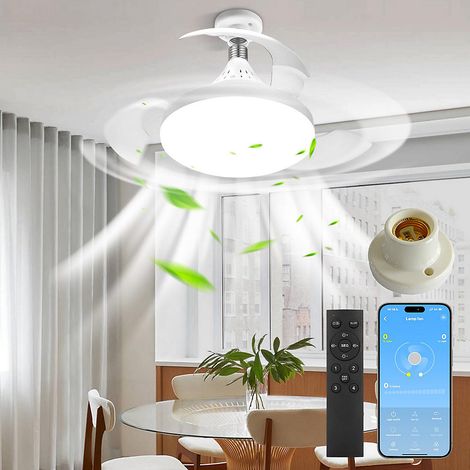 Ventilateur de plafond avec lumière et télécommande, 4 vitesses de ventilation, E27, 3 pales, contrôle par app, 48 w, 38 cm, blanc (1/5)