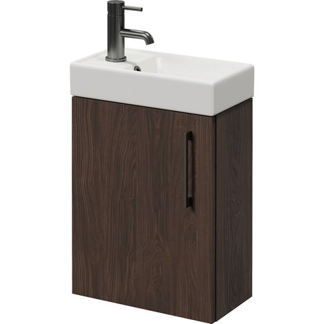 Napoli Cube Brown Oak 400mm Wall Mounted Single Door Vanity Unit with Align Basin - 400mm - Gunmetal Grey 160mm Handle