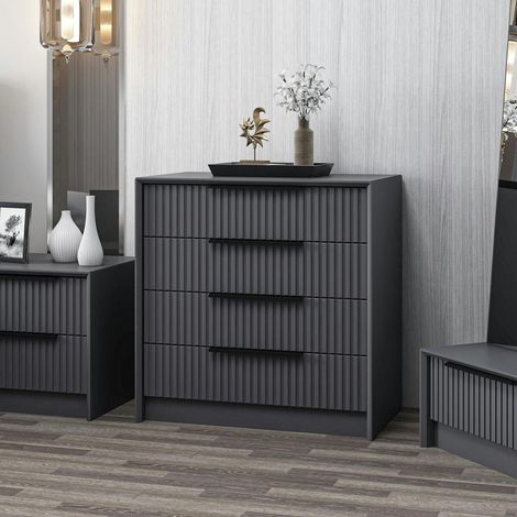 Commode moderne 4 tiroirs grise, façade rainurée BYRON (1/5)