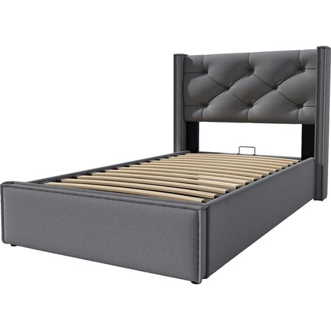 Gepolstertes Bett Grau 90x200 cm mit Metall-Lattenrost und Stauraum MODENUIT (1/5)