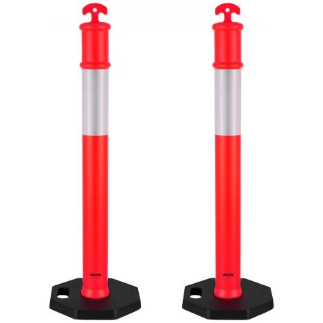 Poteau de Signalisation 2PCs 114 cm, Balise de Délimitation avec Base Lestée et Bandes Réfléchissantes, Délinéateur de Circulation pour Contrôle des Foules, Chantier Stationnement, Rouge (1/3)