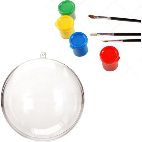TrAdE Shop Traesio - Kit 6 Palline Trasparenti Da 10cm Con Tempere E Pennelli Decorazioni Natalizie - (1/2)