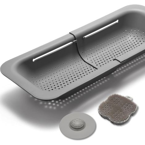 3 Pièces - Passoire Évier - Égouttoir Cuisine - Extensible Avec Filtre Drain Et Éponge Silicone - Pour Lavage Légumes Et Pâtes - Gris - 28x45cm (1/5)