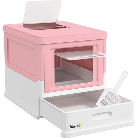 Maison toilette chat pliable double porte battante et supérieure avec pelle 47,5x35,5x36,7 cm rose (1/5)