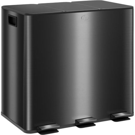 Triple 15L Steel Pedal Bin for Kitchen, Soft Close Lid, Removable Inner Buckets, Fingerprint-Proof, Black Finish