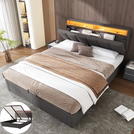 Lit Complet Double, Lit Coffre 140 x 190 cm, Sommier Relevable, avec Rangement, LED, Tête de Lit Ajustable, 2 Tiroirs, Lin, Gris