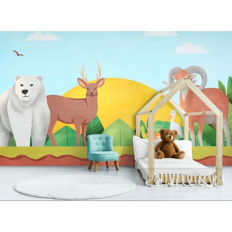 Papier peint animaux – Faune illustrée pour enfant - 150 x 250 cm (1/2)
