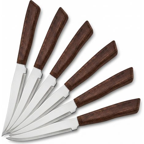 Set 6 Coltelli da Bistecca Professionali in Acciaio Inox 22 cm con Lama con punta Seghettata da 11 cm Manico in Polipropilene Effetto Legno Mogano Lavabili in Lavastoviglie Made in Italy
