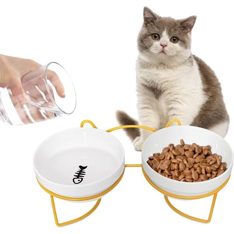 Juego de 2 cuencos de cerámica elevados para gatos: cuenco doble con soporte inclinado para comida/agua.
