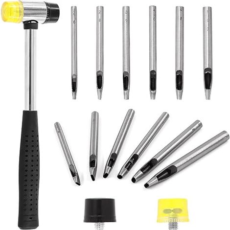 Lot de 9 punch creux en cuir de 6 tailles, 2 à 10 mm en cuir et maillet souple à double face, perforateur creux et marteau en caoutchouc avec tête de rechange (1/5)