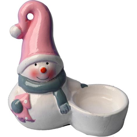 Ornamento natalizio in ceramica a forma di pupazzo di neve con portacandele. (1/3)