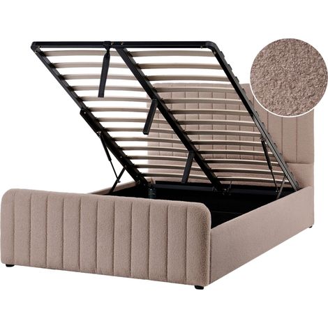 Lit Double Rembourré Bouclé avec Rangement Relevable 120 x 200 cm Pieds Métalliques Sommier à Lattes Taupe Lunan (1/5)