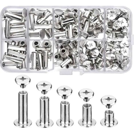 Vis Chicago - 5 Tailles (5x6 mm 5x10 mm 5x12 mm 5x15 mm 5x18 mm) - Diamètre Poteau 5 mm - Diamètre Tête/Base 10 mm - Pour Reliure Cuir DIY - 80 Pièces (1/5)