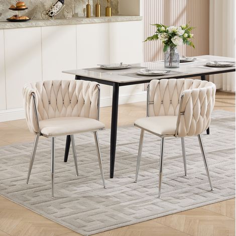 Sillas de comedor, lote de 2, tela marfil, patas metálicas plateadas HAVRYA (1/5)