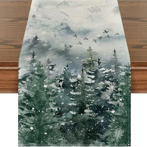 Chemin de Table Rouge Motif Bonhomme de Neige et Oiseaux - Lavable - Moderne - Hiver - Cuisine - Table à Manger - Décoration 40 x 140 cm, STYLE 6 (1/3)