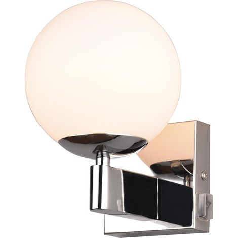 KULA APPLIQUE BAGNO METALLO CROMATO E VETRO BIANCO CON INTERRUTTORE IP44 H. 20CM 1 LUCE ATTACCO E14 (1/4)