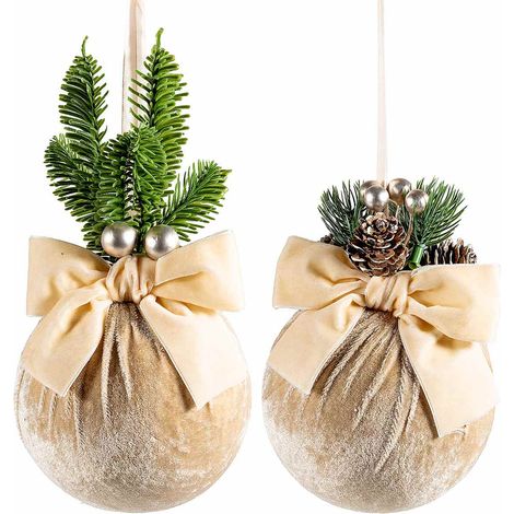 Palline di Natale in velluto champagne da appendere con fiocco e decoro con bacche, pigne e aghi di pino, set da 6 pezzi, Ø 12 cm x 23 H