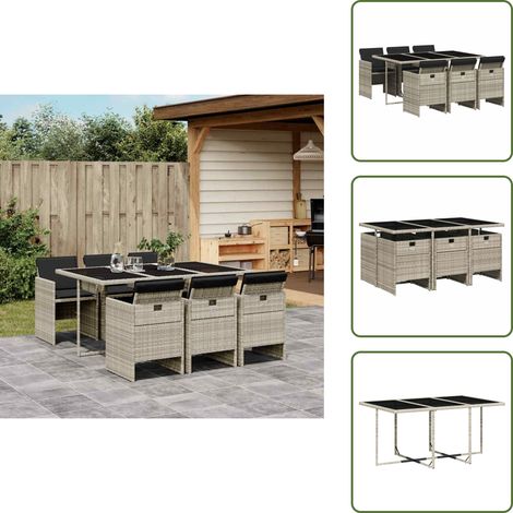 7-tlg. Garten-Essgruppe mit Kissen Hellgrau Poly Rattan - Gartengestell - Gartenmöbel Set - Outdoor Möbel - Terrassenmöbel - Gartentisch (1/5)