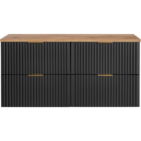 Set Waschtischunterschrank NOXERA 120 cm – Mattschwarz und Eiche – 2 Schränke + Platte für Waschbecken
