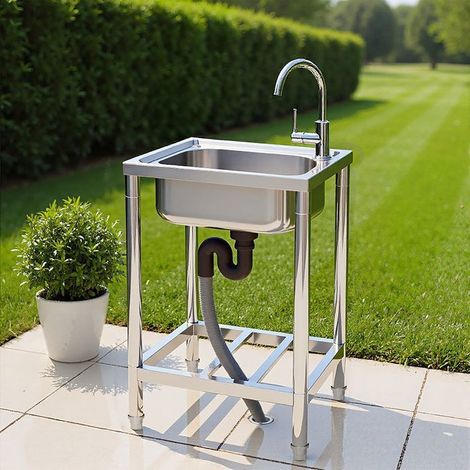 Évier de cuisine inox sur pied – 1 bac – Robinet – Cuve profonde – Usage professionnel et extérieur – 50 x 40 x 80 cm – Home Nature Wohnkonzept