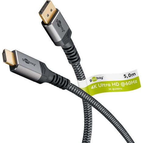 goobay 65271 Cable DisplayPort a HDMI 4K @ 50/60 Hz UHD, cable DP a HDMI de alta velocidad, Unidireccional, Nylon trenzado, Ordenador DP a HDMI, 5m