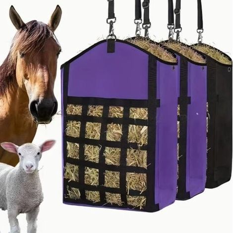 3 piezas: sacos para heno de caballos，con red para heno en la parte delantera，con una amplia abertura (2 morados y 1 negro) (1/5)