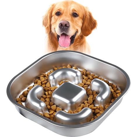 Gamelle anti-glouton pour chien, 2 tasses, en acier inoxydable, pour la nourriture des chiens et chats. Permet de ralentir la prise alimentaire des animaux de petite et moyenne taille. (1/5)