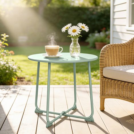 Table basse extérieure pour 2 personnes. table de jardin ronde base en X avec structure métal. Ø 50 x 45.5 cm vert foncé