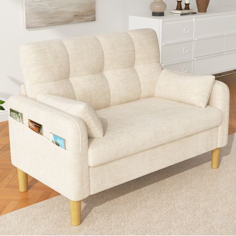 CHICFURN Sofá de 2 plazas 119x78x85 cm de chenilla beige con 2 cojines y bolsillo lateral (1/5)