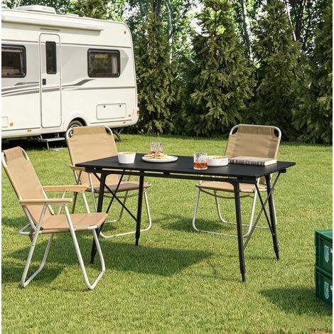 Mesa de camping plegable (120x68.5x59 a 78.5 cm), regulable en altura, estable, aluminio negro (1/5)