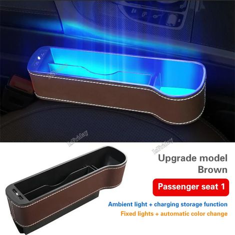 (Brown copilot) Organisateur de siège auto lumineux LED coloré, boîte de rangement en cuir PU pour siège, porte-gobelet, téléphone et portefeuille, accessoire auto (1/5)