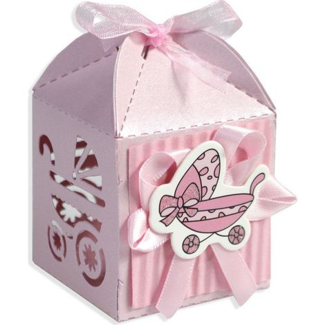 TrAdE Shop Traesio - 12 Scatoline Porta Confetti Bomboniera Nascita Battesimo Bimba Rosa Carrozzina - (1/2)