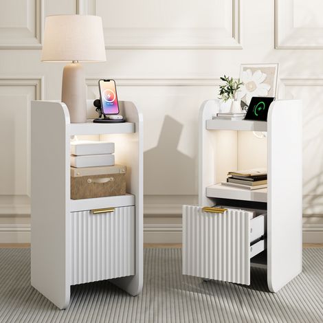 Lot de 2 Table de chevet moderne 30 x 25 x 60 cm avec bande LED multicolore et station de charge, Tables d’Appoint , Compartiment Ouvert, 1 tiroir, Blanc, MDF (1/5)