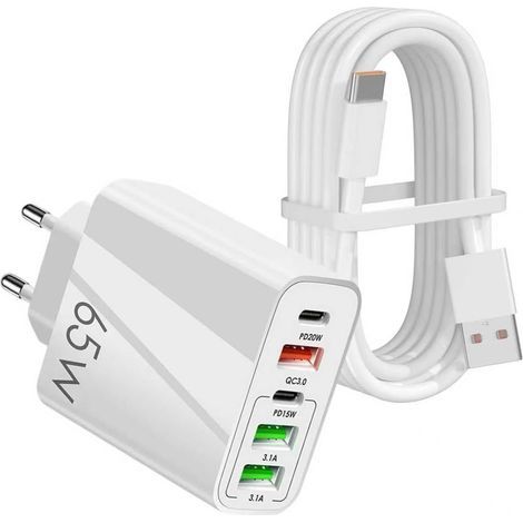65-W-Schnellladegerät mit 5 USB-C-Anschlüssen, Mehrfach-USB-C-Steckdose mit 2 USB-C-, 2 USB-A- und 1 QC 3.0-Anschluss, Netzteil mit 1 m langem USB-C-Kabel, Schnellladegerät für iPhone 17/16/15/Pro/Pro (1/5)