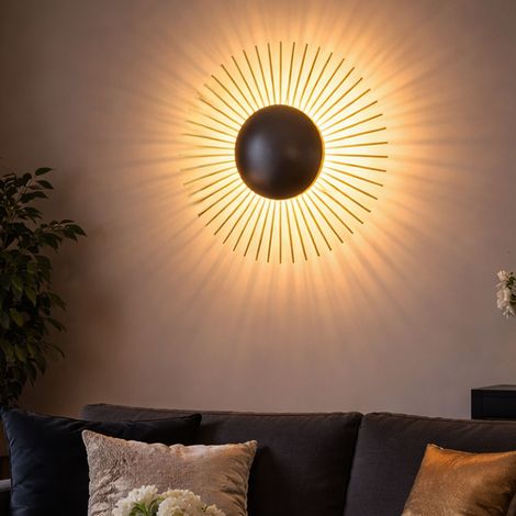 Lampada da parete a LED lampada da corridoio nera foglia d'oro lampada da parete per soggiorno, a forma di sole, in metallo, 7W 890Lm bianco caldo, DxH 30x9 cm
