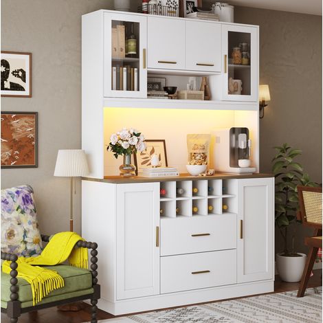 Aparador 120x36.3x180 cm, con seis puertas, LED, enchufe, MDF y metal, blanco (1/5)