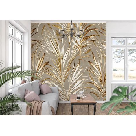 Papier Peint Tropical - Palmes dorées sur fond beige - 500 x 270 cm (1/2)