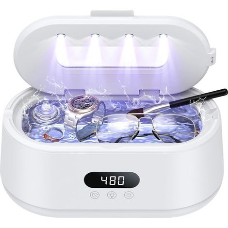Nettoyeur de bijoux à ultrasons,50 kHz,double mode et affichage LED,5 modes de nettoyage,bracelets de montre (blanc) (1/5)