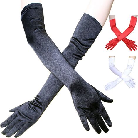 Gants satin longs extensibles, élégants pour soirée, opéra, mariage, spectacle, fête, mode, stretch, longueur haute. (1/5)