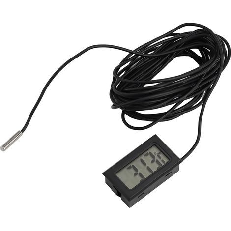 Termómetro Digital con Sonda, para Acuario, Terrario, Pantalla LCD, Sensor de Temperatura -50 a 110°C, Resistente al Agua, Cable Largo 1m-5m, Negro, Batería Incluida (5 Metros) (1/5)