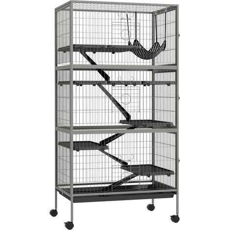 Pour Lapin et Chinchilla Grande Cage Multi-Niveaux Mobile avec Rampes Hamac et 4 Portes Acier et PP 80x52x159 cm (1/5)