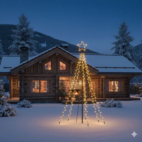 Albero Luminoso da Esterno 2,5m con 500 LED Luce Calda, Stella 22cm, Struttura in Ferro e Alluminio, IP44, Picchetti per Giardino, Cavo 5m (1/4)