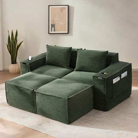 Canapé modulaire 2 places en velours côtelé vert avec poufs (1/5)