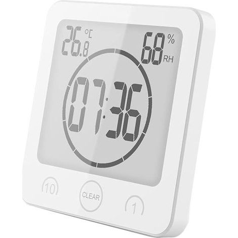 Horloge de salle de bain numérique avec ventouse – affichage LCD température/hygromètre, étanche, blanche