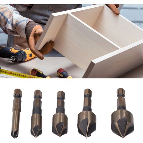 Outil de chanfreinage à cinq cannelures à tige hexagonale de 1/4 pouce à 82°, fraise à chanfreiner fraisée, diamètre 1/4" 3/8" 1/2" 5/8" 3/4". (1/5)