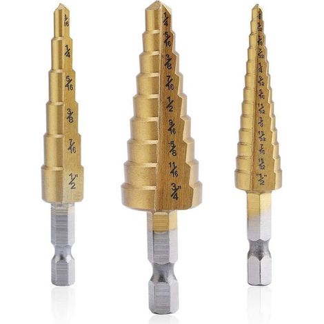 Jeu de trois forets à fraiser en acier rapide revêtus de titane, adaptés au perçage et à la découpe de tôles, disponibles en différentes tailles, idéaux pour les bricoleurs. (1/4)