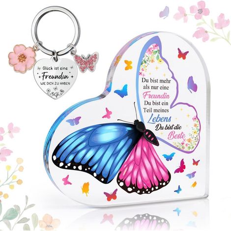 Herzförmige Acryl-Deko mit Schmetterling & Schlüsselanhänger, Geschenk für Freundin (1/5)