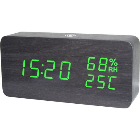 Reloj inteligente, indicador de temperatura/humedad, 4 niveles de brillo, control por voz, USB/batería, (madera negra, luz verde)