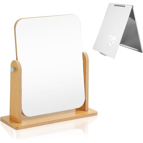 Espejo de Escritorio de Madera Giratorio de 360 Grados con Soporte, con Espejo Plegable Portátil, Espejo de Maquillaje, Espejo Cosmético (1/5)